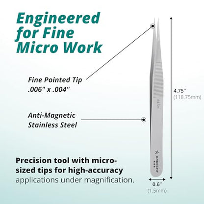 Excelta 64-SA Precision Tweezers, Straight Fine Tip, 4.75" Anti-Magnetic 316L Neverust Stainless Steel, Serrated Handle, ESD-Safe, Swiss-Made Tool for Electronics, Lab Use, Cleanroom & Forensics - size: 4.75" Tweezer, Straight Very Fine Points, style: Ant