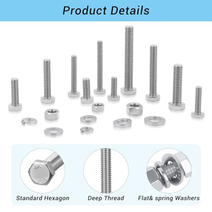 246Pcs Hex Bolts and Nuts Assortment Kit,1/4-20, 5/16-18, 3/8-16 Assorted Bolts Nuts and Washers Kit, 304 Stainless Steel Machine Screw Sets for Home, Auto, Electronic & Industrial Repair with Case
