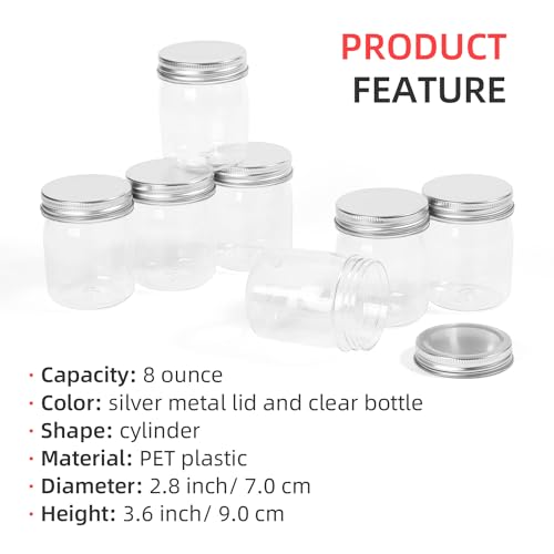 8 Ounce Clear Plastic Mason Jars With Screw On Lid, Reusable Empty Jars for Food Storage, Round BPA Free Containers for Sealing, Dry Food, Snacks, Candies, Breakage-proof, (Silver - 32 Pack)