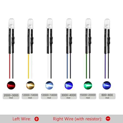 DiCUNO 120Pcs (6 Colors × 20Pcs) 5MM Pre Wired 12V LED Diodes, 9.4" Lead - color: 6 Colors