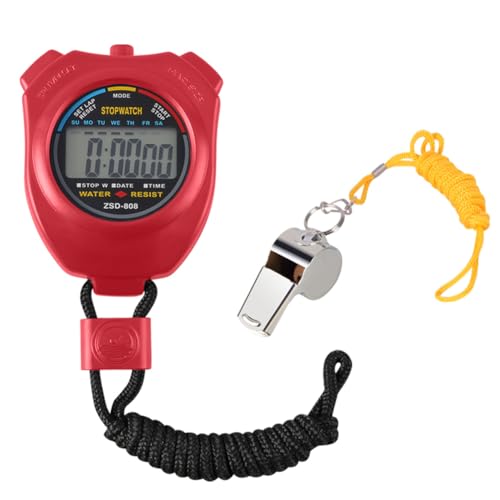 Vicloon Stopwatch Timer, Lap Split Digital Stopwatch with Stainless Steel Whistle, Large Display Digital Stopwatch Timer Suitable for Football, Basketball, Running, Swimming, Fitness and More (Red) - color: Red