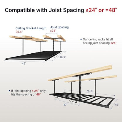 FLEXIMOUNTS 4x8 Overhead Garage Ceiling Storage Rack with 6 Hooks, Black - color: Black