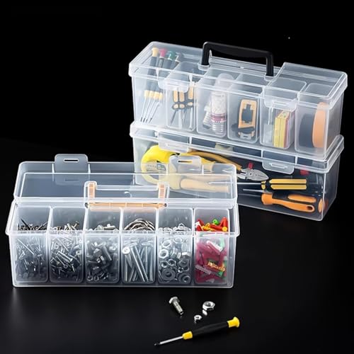 Plastic Hardware Storage Box with 6 Removable Compartments, Clear Small Parts Organizer with Handle, Portable Container for Screws, Nuts, Bolts, Crafts