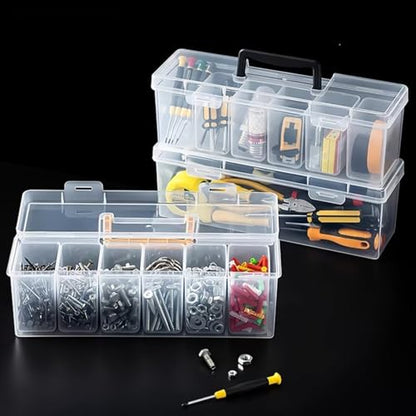 Plastic Hardware Storage Box with 6 Removable Compartments, Clear Small Parts Organizer with Handle, Portable Container for Screws, Nuts, Bolts, Crafts