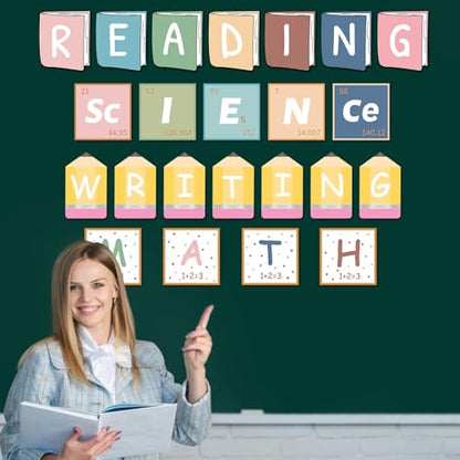 23 Pcs Core Subjects Bulletin Board Decorations Science Reading Math Writing Banner Reading Bulletin Board Poster Boho Subject Label Cutouts for Back to School Classroom Decoration Teacher Wall Decor