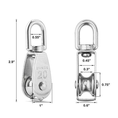 CertBuy 16 Pack M20 Single Pulley Block Loading 200lbs 304 Stainless Steel Swivel Pulley Small Rope Pulleys Hanging Wire Towing Wheel for Wire Rope