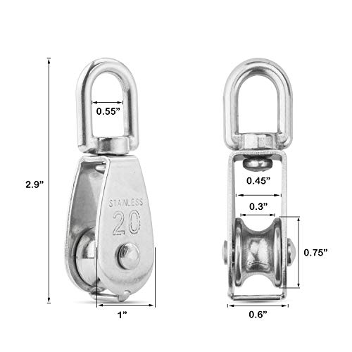 CertBuy 16 Pack M20 Single Pulley Block Loading 200lbs 304 Stainless Steel Swivel Pulley Small Rope Pulleys Hanging Wire Towing Wheel for Wire Rope