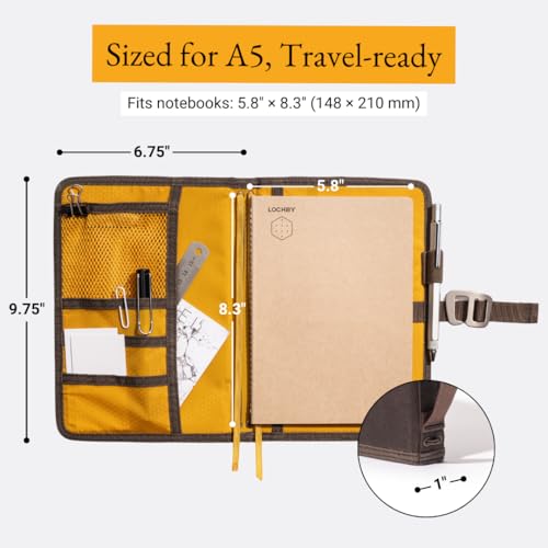 LOCHBY® Field Journal | Planner Cover | Water Resistant Waxed Canvas | Pen Loop | Included Tomoe River Notebook | Perfect for Travel, Art, Bullet Journal - color: Brown, size: A5 Hook