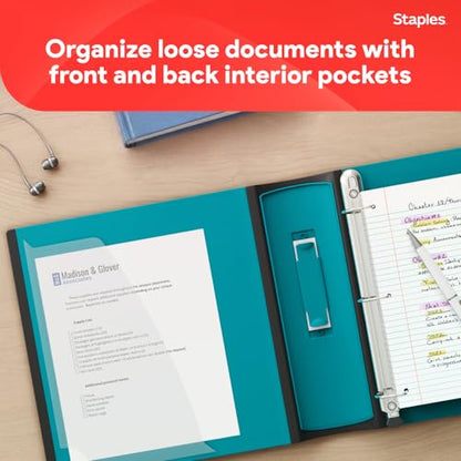 Staples Heavy-Duty 3-Inch D-Ring Binder, Teal, 600 Sheets - color: Teal, size: 3-Inch