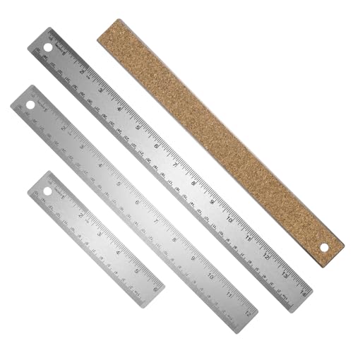 HARFINGTON 3pcs Stainless Steel Metal Ruler 15/30/35cm Straight Edge with Cork Backing Non-Slip Inch Metric Metal Ruler for Classroom Office Home Drafting Tools - size: 15/30/35cm