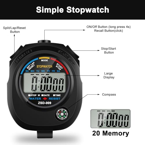 1 Pack Multi-Function Electronic Digital Sport Stopwatch Timer, Large Display with Date Time and Alarm Function, Suitable for Sports Coaches, Fitness Coaches, and Referees
