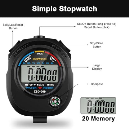 1 Pack Multi-Function Electronic Digital Sport Stopwatch Timer, Large Display with Date Time and Alarm Function, Suitable for Sports Coaches, Fitness Coaches, and Referees