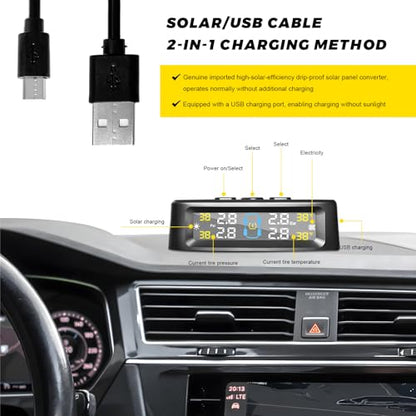 Sun Walker Tire Pressure Monitoring System, Wireless Tire Pressure Monitor with 4 Sensors & 6 Alarm Modes, Real-Time LCD Display TPMS with Solar & USB Charger for RV Truck Trailer