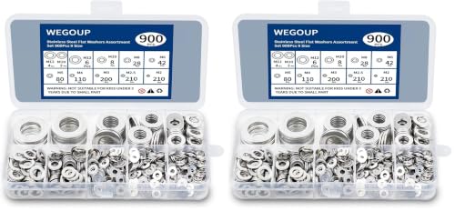 WEGOUP 900 Pcs Stainless Steel Flat Washers for Screws, 304 Stainless Steel, Assorted Sizes (M2 M2.5 M3 M4 M5 M6 M8 M10 M12) for Industrial Use, Washers for Bolts (Pack of 2) - size: 9 Sizes 900 Pcs (Pack of 2)