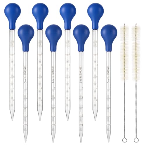 QWORK 8 Pack Glass Droppers with Rubber Bulb (5ml & 10ml) + Cleaning Brushes – Reusable Graduated Pipettes for Essential Oils, Lab, DIY & Crafts