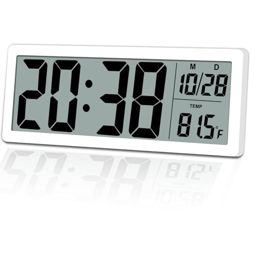 8.5" Modern Digital Wall Clock, Battery Operated, White, Simple LCD Display with Temperature/Date/Time - 12/24H, Small Digital Clock for Bedroom, Living Room Decor - color: White