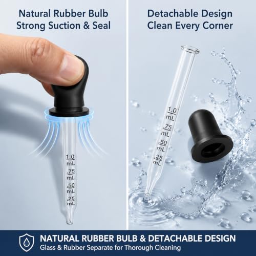 10 Pack Glass Eye Dropper, 1 ml Pipette Dropper with Clear Scale, Bent & Straight Tips for Essential Oils, Crafts, Lab, Liquid Measuring & Transferring – Natural Rubber Bulb