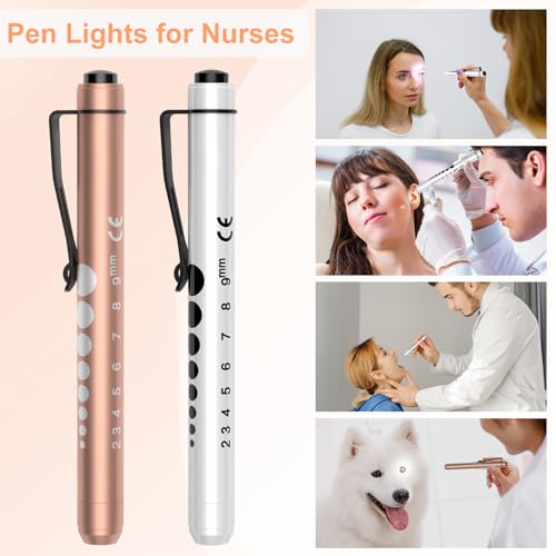 RISEMART Pen Lights for Nurses, 2Pack Reusable Medical Pen Light with Pupil Gauge and Ruler, White Light LED Penlight for Nurse Student Doctors EMT (Gold/White) - color: Gold and White