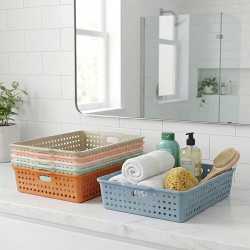 Carperipher 10 Pack Plastic Storage Baskets,Turn-in Paper Trays Classroom with Handle&Pencil Organizer,Stackable Letter Tray for Office A4 Doucuments,Morandi
