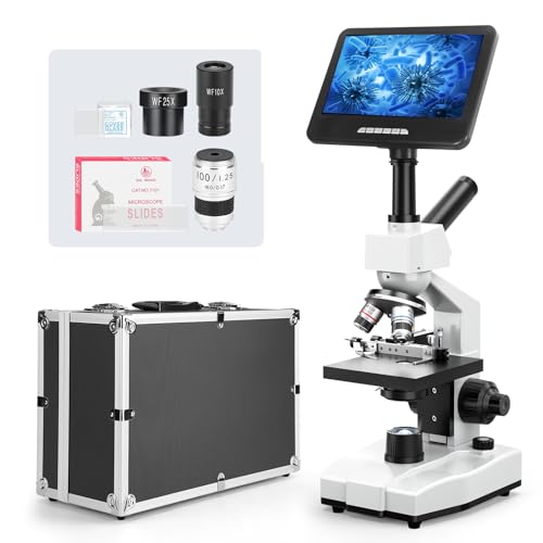 [24MP Smart Monitor] Vabiooth Dual-View Compound Microscope 40X-2500X Magnification with 7" Monitor Free Software-One Click Capturing Images & Video, Measuring Lengths, Wide-Field Eyepieces - style: 24MP Smart Monitor