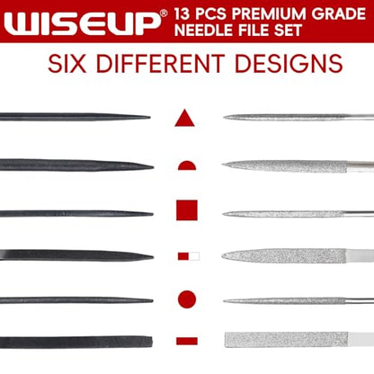WISEUP 13PCS Needle File Set Includes 6 Diamond Files & 6 Steel Files