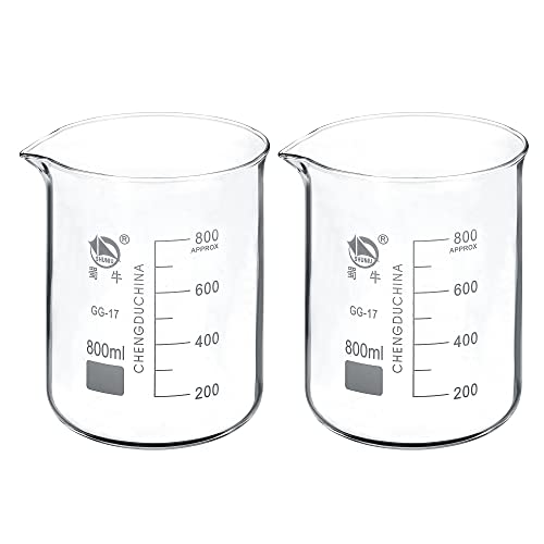 PATIKIL 800ml Low Form Glass Beaker, 2 Pack 3.3 Borosilicate Glass Graduated Printed Scale Measuring Cups with Spout for Kitchen Lab Liquids Transit Boiling - size: 800ml