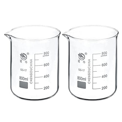 PATIKIL 800ml Low Form Glass Beaker, 2 Pack 3.3 Borosilicate Glass Graduated Printed Scale Measuring Cups with Spout for Kitchen Lab Liquids Transit Boiling - size: 800ml