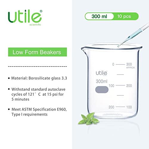 Utile 300ml Low Form Glass Beakers, 10 Pcs Borosilicate 3.3 Glass with Printed Graduation, 4000.0300.10 - style: 300 ml (10pcs)