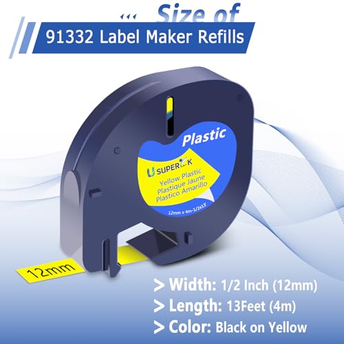 USUPERINK 5PK Compatible for Dymo LetraTag Refills 91202 91222 91332 59423 S0721620 Yellow Plastic Label Tape 1/2'' 12mm x 4m for Letra Tag LT100H LT100T QX50 Label Maker Black on Yellow Tape - color: Black on Yellow