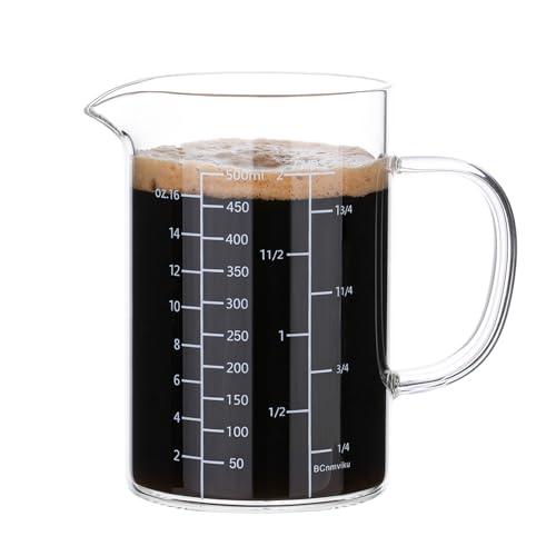 BCnmviku 500ML 2 CUP Glass Measuring Cup With Handle, High Borosilicate Glass Three Scales (OZ, Cup, ML/CC for Kitchen or Restaurant Easy To Read - size: large