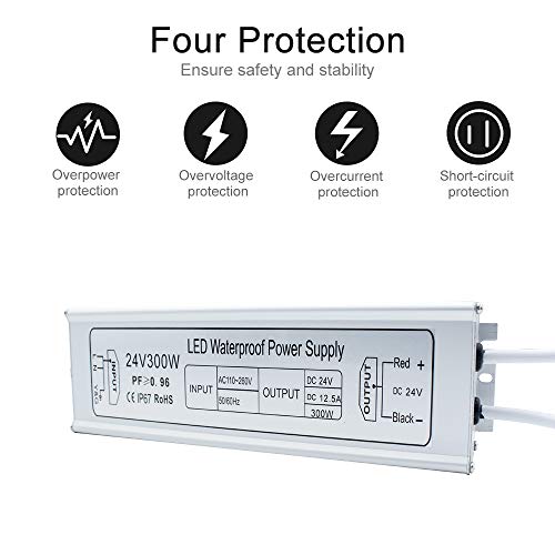 inShareplus LED Driver, 300W IP67 Waterproof Outdoor Power Supply, AC 110-260V to DC 24V 12.5A Low Voltage Transformer, Adapter with 3-Prong Plug for LED Light, Computer Project, Outdoor Use - style: 24V 300W