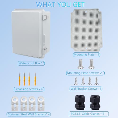 IP67 Waterproof Junction Box, ABS Plastic Electrical Enclosure with Stainless Steel Latch, Hinged Cover Electric Box with Mounting Plate, Wall Brackets & Cable Glands 220x170x110mm - color: Grey, size: 8.7"x6.7"x4.3" Standard