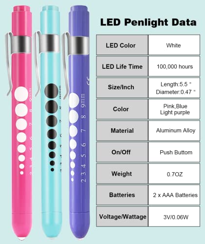 MEUUT Medical Pen Lights for Nurses 3 Pack & 6 AAA Batteries for EMT - color: Pink+Blue+Light Purple