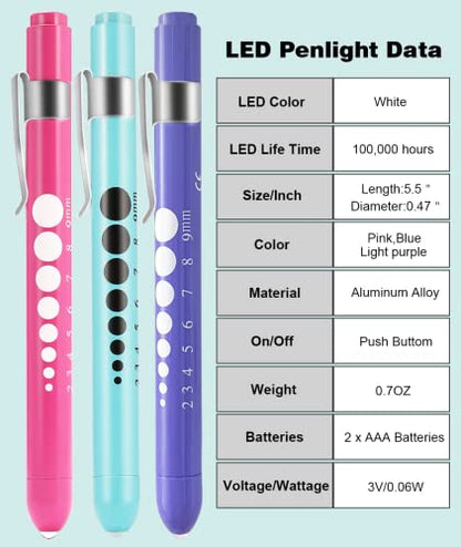 MEUUT Medical Pen Lights for Nurses 3 Pack & 6 AAA Batteries for EMT - color: Pink+Blue+Light Purple