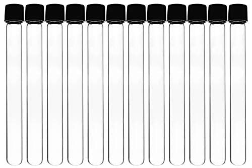 12PK Test Tubes, 20ml - Bakelite Screw Cap with Rubber Liner - Borosilicate 3.3 Glass - 5.9" x 0.6" - Round Bottom - Leak Proof - Eisco Labs