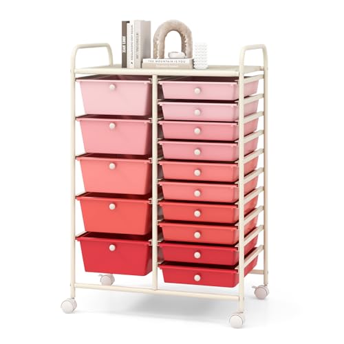 COSTWAY 15 Drawer Rolling Storage Cart, Mobile Storage Organizer - color: Mixed Pink, size: 15 Drawer