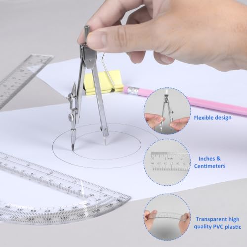 Coopay 3 Pcs Geometry Set, Clear Acrylic Ruler, Protractor and Compasses - size: 3 Pcs set