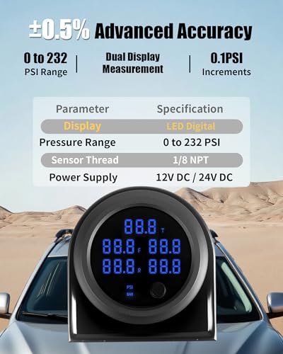 232PSI Air Pressure Gauge Five Display Air Suspension Gauge Digital LED Display 12V/24V DC Air Ride Pressure Meter Kit with 1/8NPT Sensor for Air Ride Air Bag Suspension Systems 2-1/16" (52mm) - color: Blue, size: Five-Display