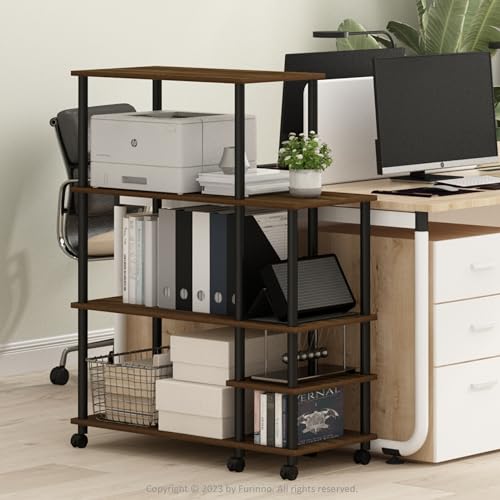 Furinno Turn-N-Tube 4-Tier Wide Toolless Multipurpose Printer Stand Display Storage Shelf with Wheels, Columbia Walnut/Black - color: Columbia Walnut/Black, size: 3-Tiers Storage (Large)