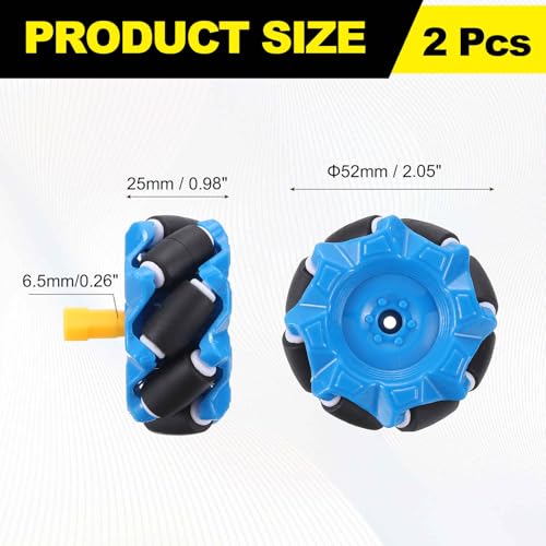 MECCANIXITY 1Set Mecanum Wheels Set with Hexagonal Universal Pins and Screws, 52mm / 2.05" ABS Rubber Omnidirectional Wheels for Smart Robot Car Parts DIY Models Accessories, Blue