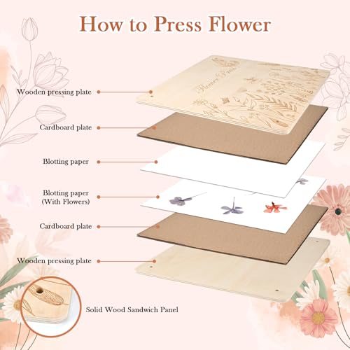 GOLDGE Extra Large 11”x11” Flower Press - 10-Layer Wooden Press for DIY Flower Preservation with Storage Bag, Adult Craft Kit