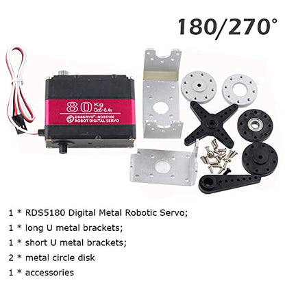 RDS5180 80kg Digital Metal Robotic Servo Motor High Torque Double-Shaft Robot Servo Arm Waterproof IP66 with U Metal Brackets for RC Car DIY Robot (180°) - size: 80KG 180°