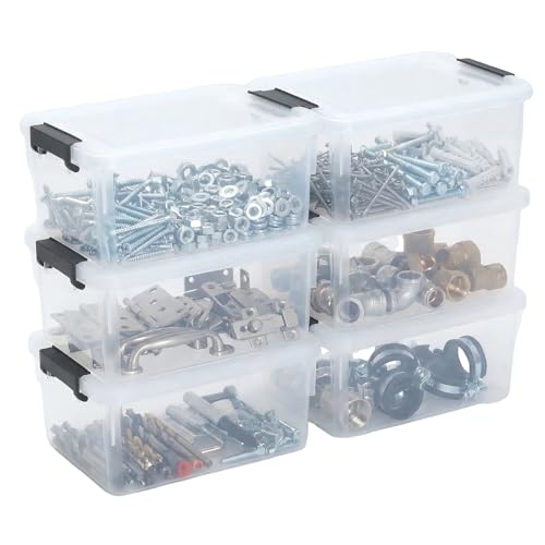 6 Pack Toolbox Organizer, Clear Plastic Screw Bins for Garage, Stackable Hardware Storage with Latching Lids, Mini Tool Box Containers for Nails, Bolts, Anchors, Fasteners, Craft Parts