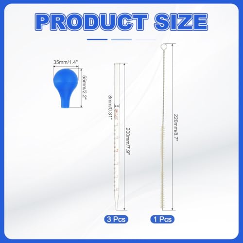 PATIKIL Graduated Dropper Pipettes Kit, 3 Pcs 3ml Borosilicate Glass Pipette with Blue Rubber Cap and Brush for Transfer Liquid for Lab, Chemistry, Clear - size: 3ml