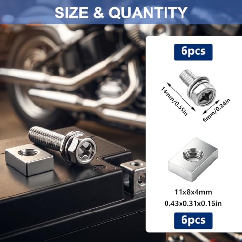 Tnisesm 12PCS M6x14 Battery Terminal Motorcycle Bolts and Nuts Kit, 304 Stainless Steel Battery Bolt with Square Nut for ATV Bike, Motorcycle, Scooter - size: M6*14MM
