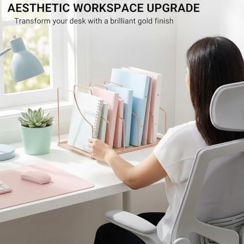 Rose Gold Binder Organizer for Desk, 5 Slot Metal Wire Vertical File Sorter with Mesh Bottom, Desktop Magazine Holder Rack for 2 Inch Binders, Medical Coding Books, Vinyl Records, 12.1" - color: Rose Gold