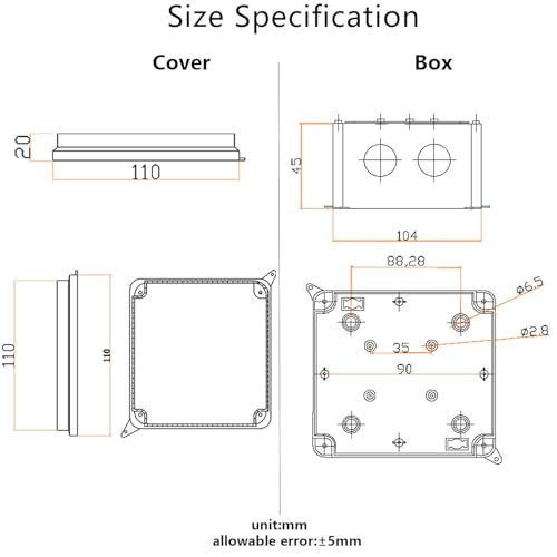 Outdoor Waterproof Box,Junction Box Reserved Holes IP65 ABS Plastic Electrical Boxes Power Cord Enclosure Project Box Black Outer Size 3.9 x 3.9 x 2.8 inch(100x100x70mm) - size: 3.9" x 3.9" x 2.8"