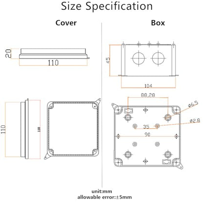 Outdoor Waterproof Box,Junction Box Reserved Holes IP65 ABS Plastic Electrical Boxes Power Cord Enclosure Project Box Black Outer Size 3.9 x 3.9 x 2.8 inch(100x100x70mm) - size: 3.9" x 3.9" x 2.8"