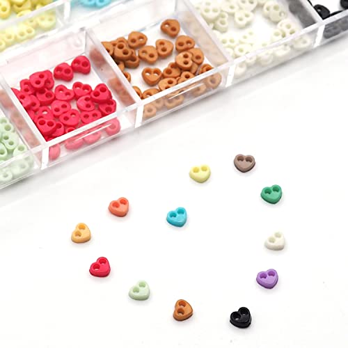 300pcs Tiny Plastic Heart-Shaped Buttons 4mm(5/32") 2 Hole Mini Resin Round Button for Dolls Clothing Sewing Accessories DIY Hand Sewing AIDS Doll Clothes (12 Colors Mixed)
