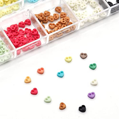 300pcs Tiny Plastic Heart-Shaped Buttons 4mm(5/32") 2 Hole Mini Resin Round Button for Dolls Clothing Sewing Accessories DIY Hand Sewing AIDS Doll Clothes (12 Colors Mixed)